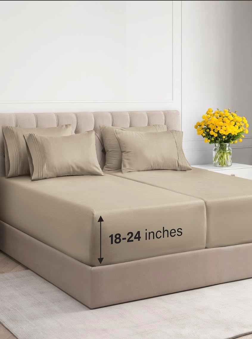 Taupe Solid Egyptian Cotton 1000TC Split King Sheet Set – 5 Piece Deep Pocket Bedding