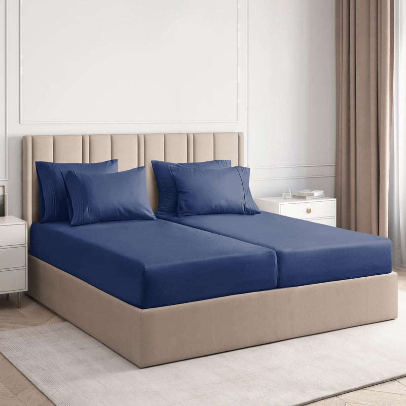 Navy Solid Egyptian Cotton 1200TC Split King Sheet Set – 5 Piece Deep Pocket Bedding