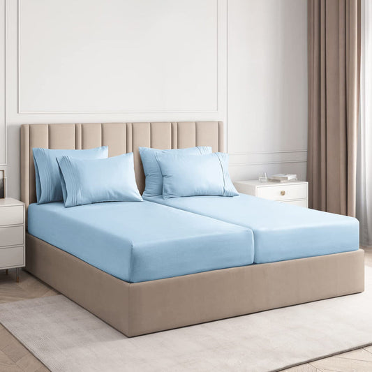 Sky Blue Solid Egyptian Cotton 1000TC Split King Sheet Set – 5 Piece Deep Pocket Bedding