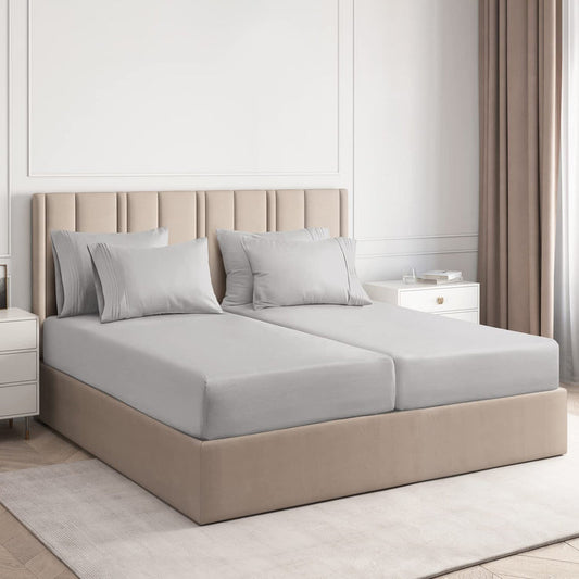 Silver Grey Solid Egyptian Cotton 1200TC Split King Sheet Set – 5 Piece Deep Pocket Bedding