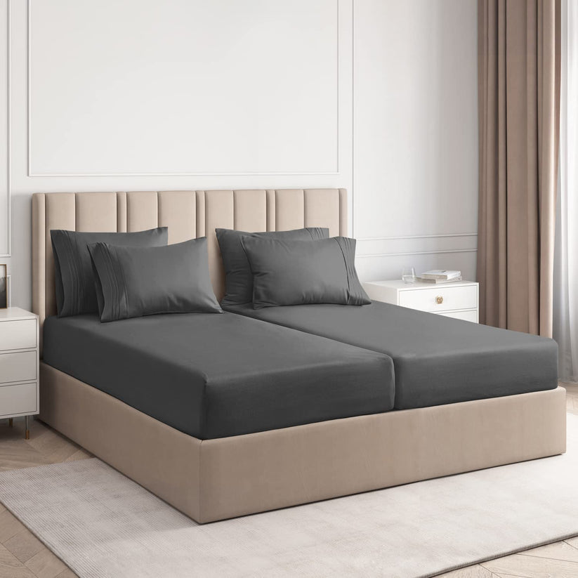 Elephant Grey Solid Egyptian Cotton 1200TC Split King Sheet Set – 5 Piece Deep Pocket Bedding