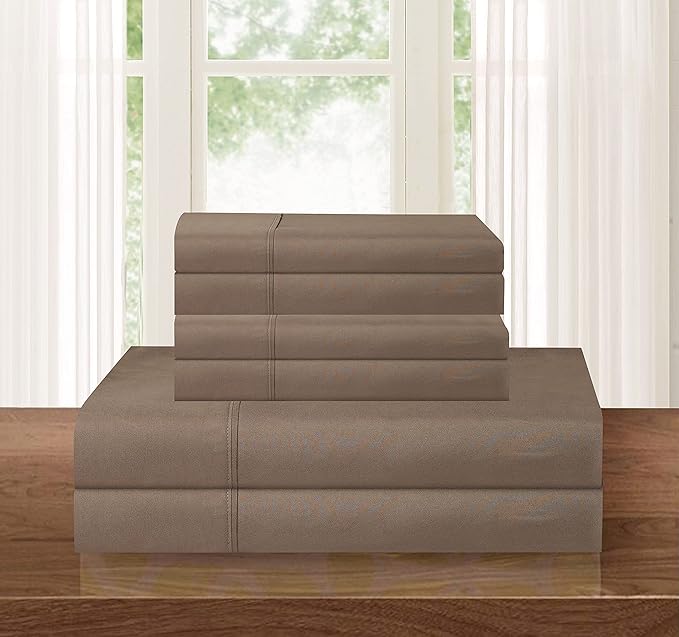 Beige Solid Egyptian Cotton 1000TC Split King Sheet Set – 5 Piece Deep Pocket Bedding