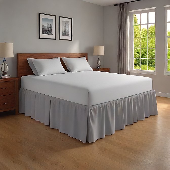 silver grey bed skirt split corner pleated pure egyptian cotton at EvaLinens.com