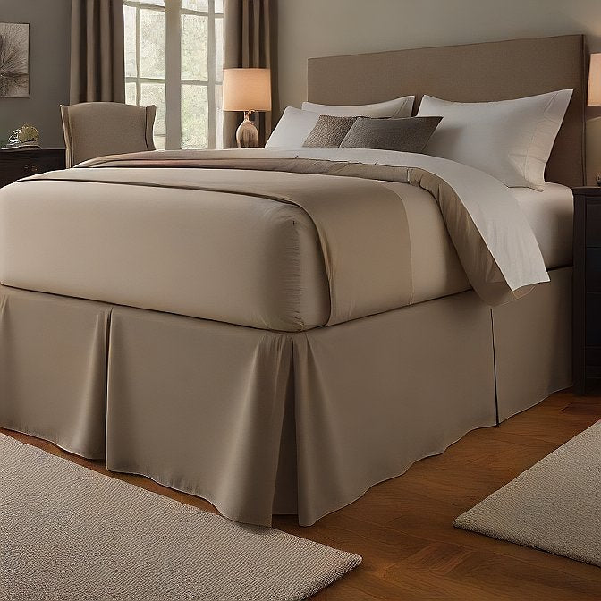 luxury taupe bed skirt with split corners