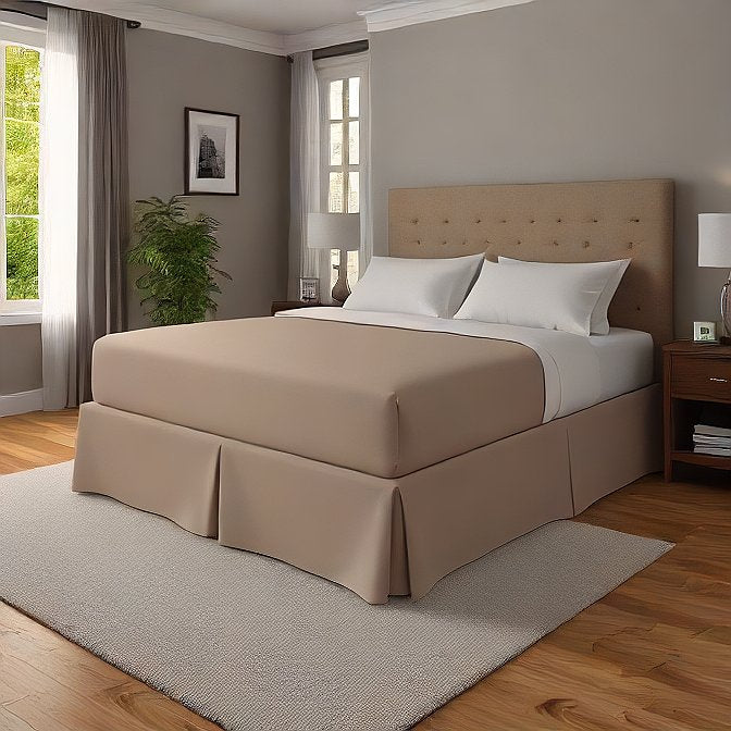 taupe bed skirt adds sophistication to bedroom
