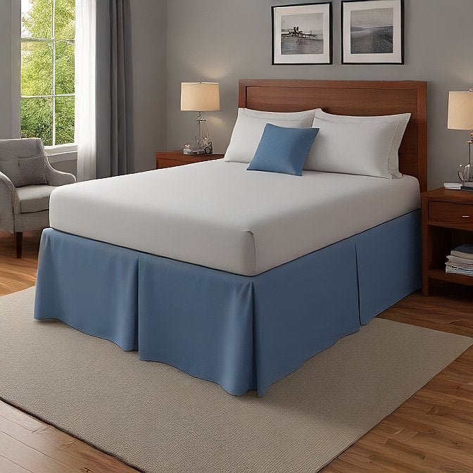medium blue bed skirt split corner pleated at EvaLinens.com