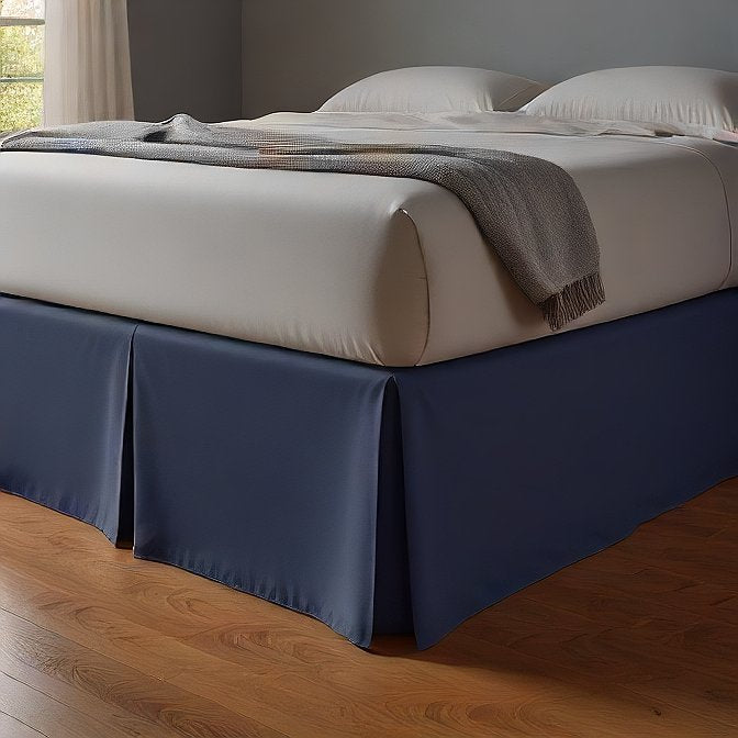 split corner pleated bed skirt navy 100 percent pure cotton at evalinens.com