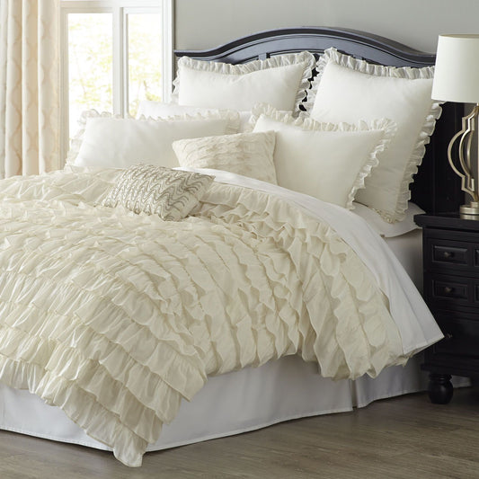 Ivory Ruffle Duvet Cover Set 1500 Thread Count at- Evalinens.com